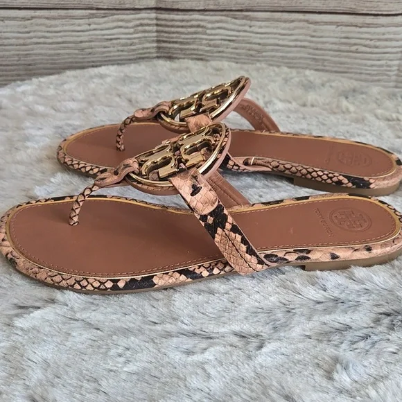 Tory Burch Brown/Gold Snake Skin Flip Flops, Womens 7.5, Great Condition - Picture 4 of 9